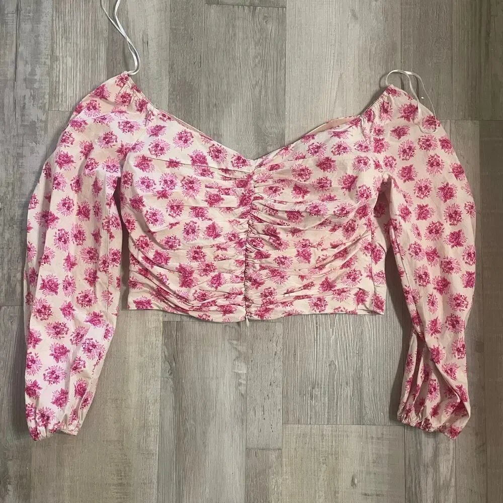 Zara Pink Floral Off The Shoulder Bardot Top Size Large - Picture 10 of 13